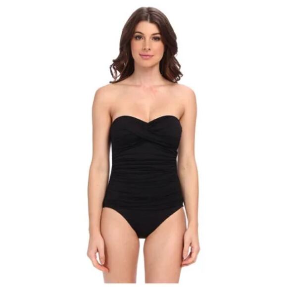 La Blanca Core Solid Bandeau One Piece Shirred Swimsuit Black Size 12 - Picture 3 of 9
